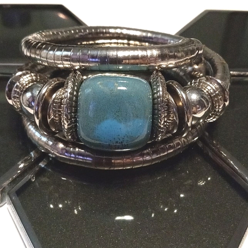 Vintage Silver Serpent Coil Bracelet Blue Cube Bead Boho Adjustable Wrap